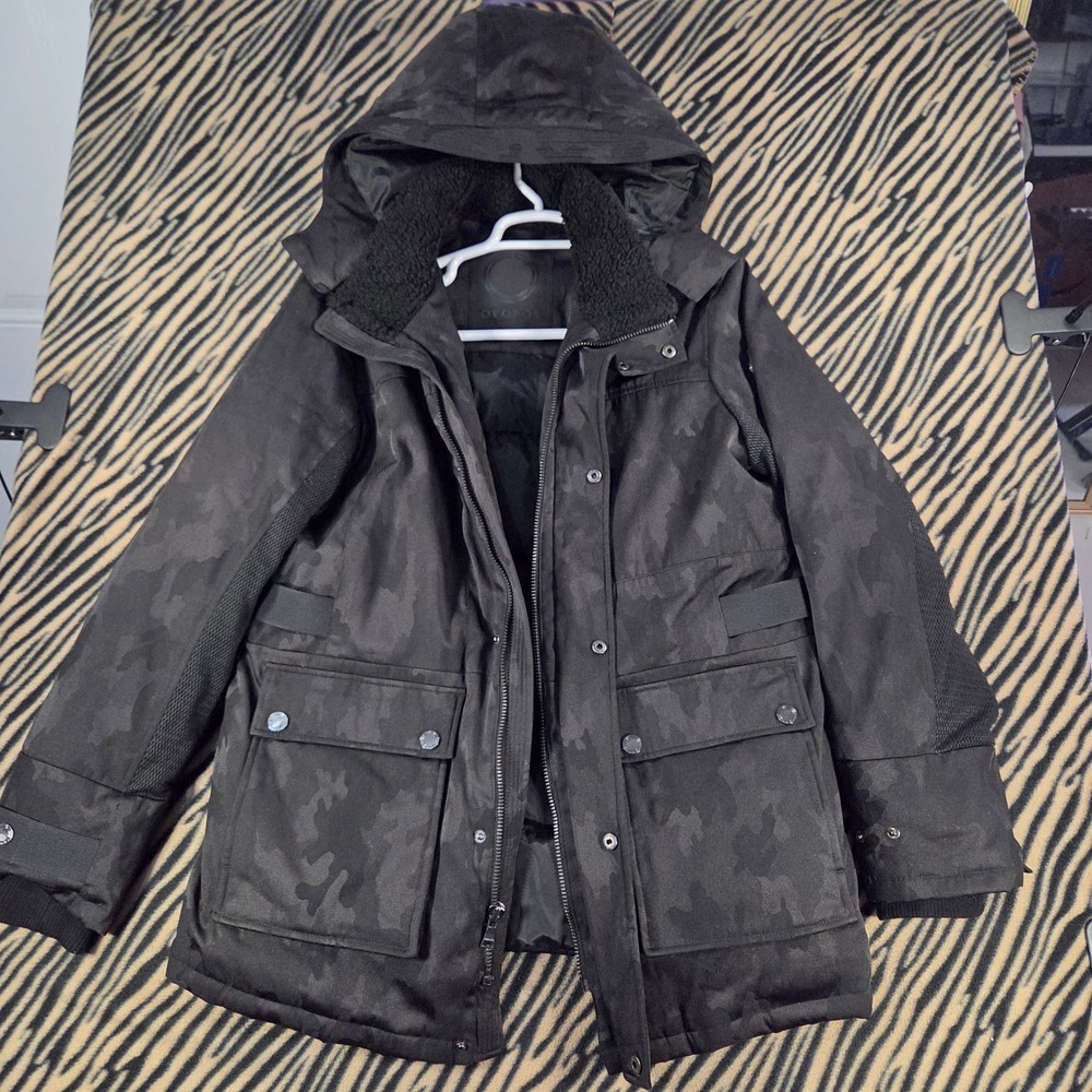 Orobos Mens Jacquard Black Camo Duck Down Parka Hooded Jacket Sherpa Collar